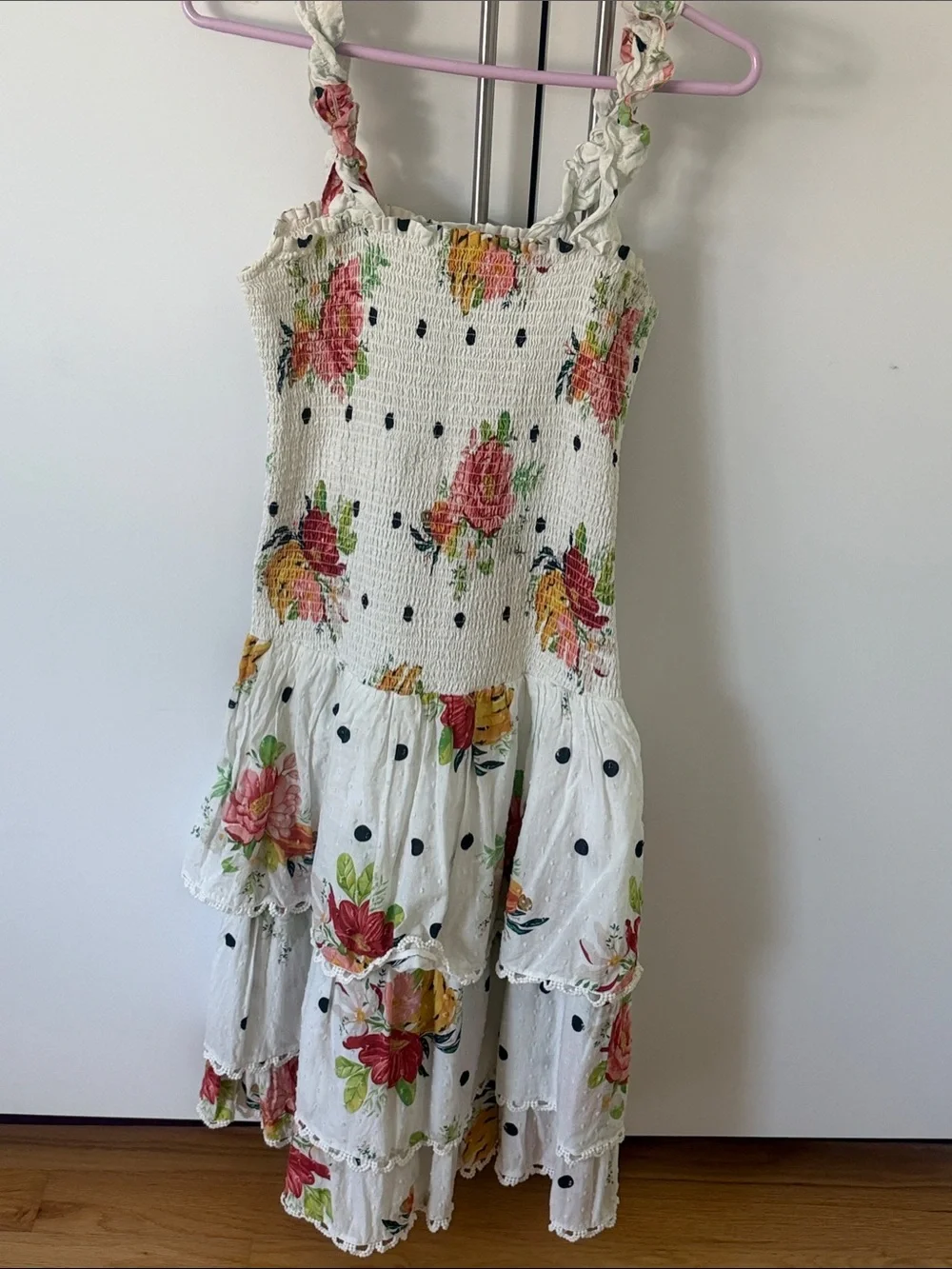 FARM Rio Nanaju Dress Floral Polka Sleeveless Smocked Tiered Midi White Medium - Picture 2 of 7